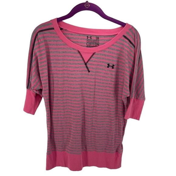 Under Armour Women's Charged Cotton Heatgear Stripes Tops Pink Grey Size SM - Picture 1 of 12